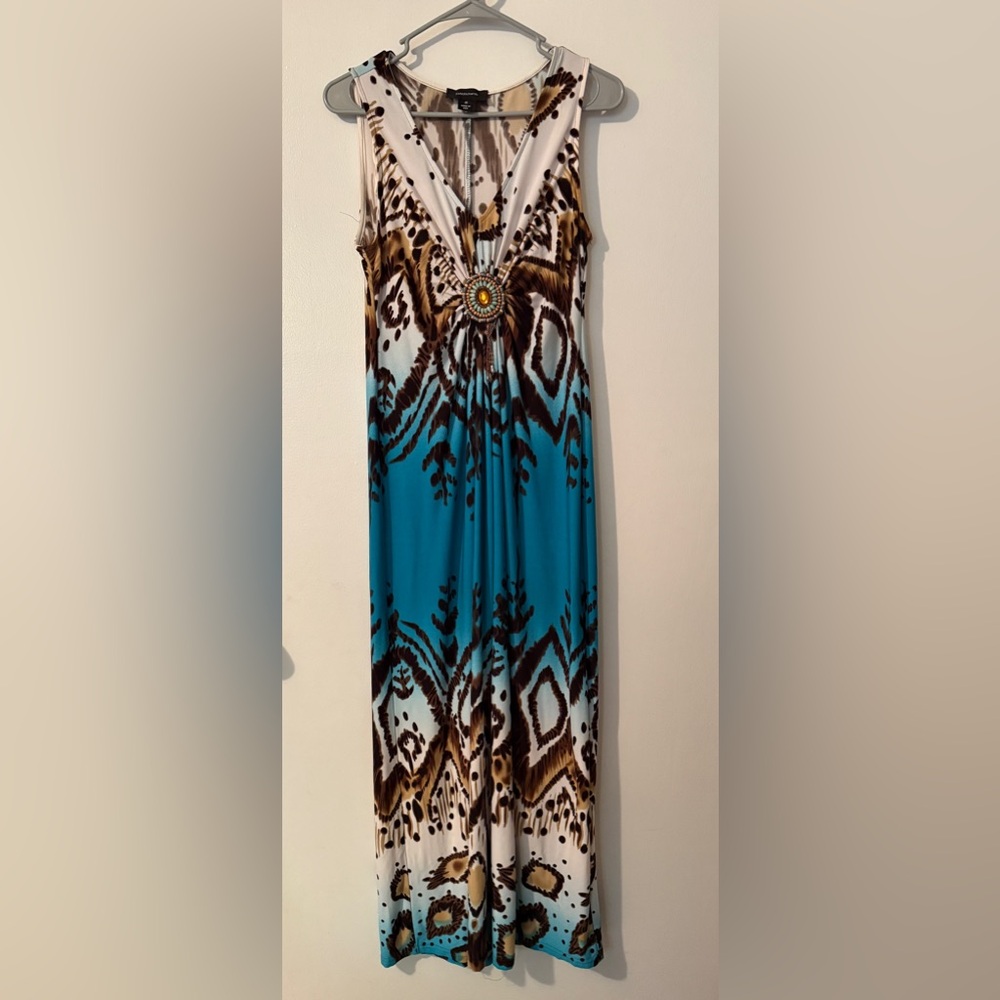 R&M Richards Turquoise and Brown Tribal Maxi Dress